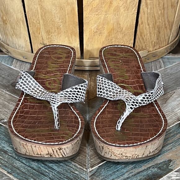 Sam Edelman Romy Metallic Snakeskin Leather Cork Wedge Thong Sandal Women Size 8 - Picture 4 of 11